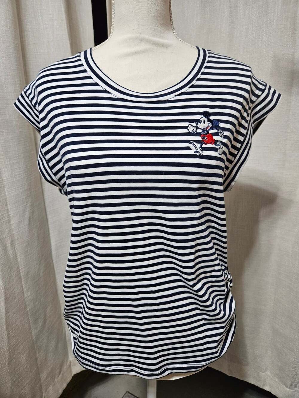 Disney Mickey Mouse Blue and White Striped Short Sleeve T-Shirt Size L